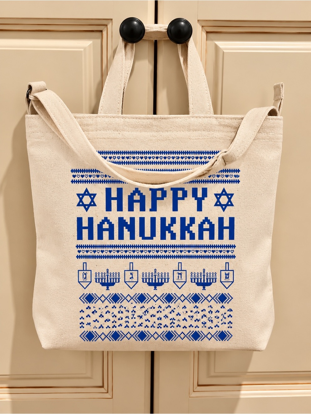 Baggu Happy Hanukkah Canvas Tote Bag - Blue on Cream